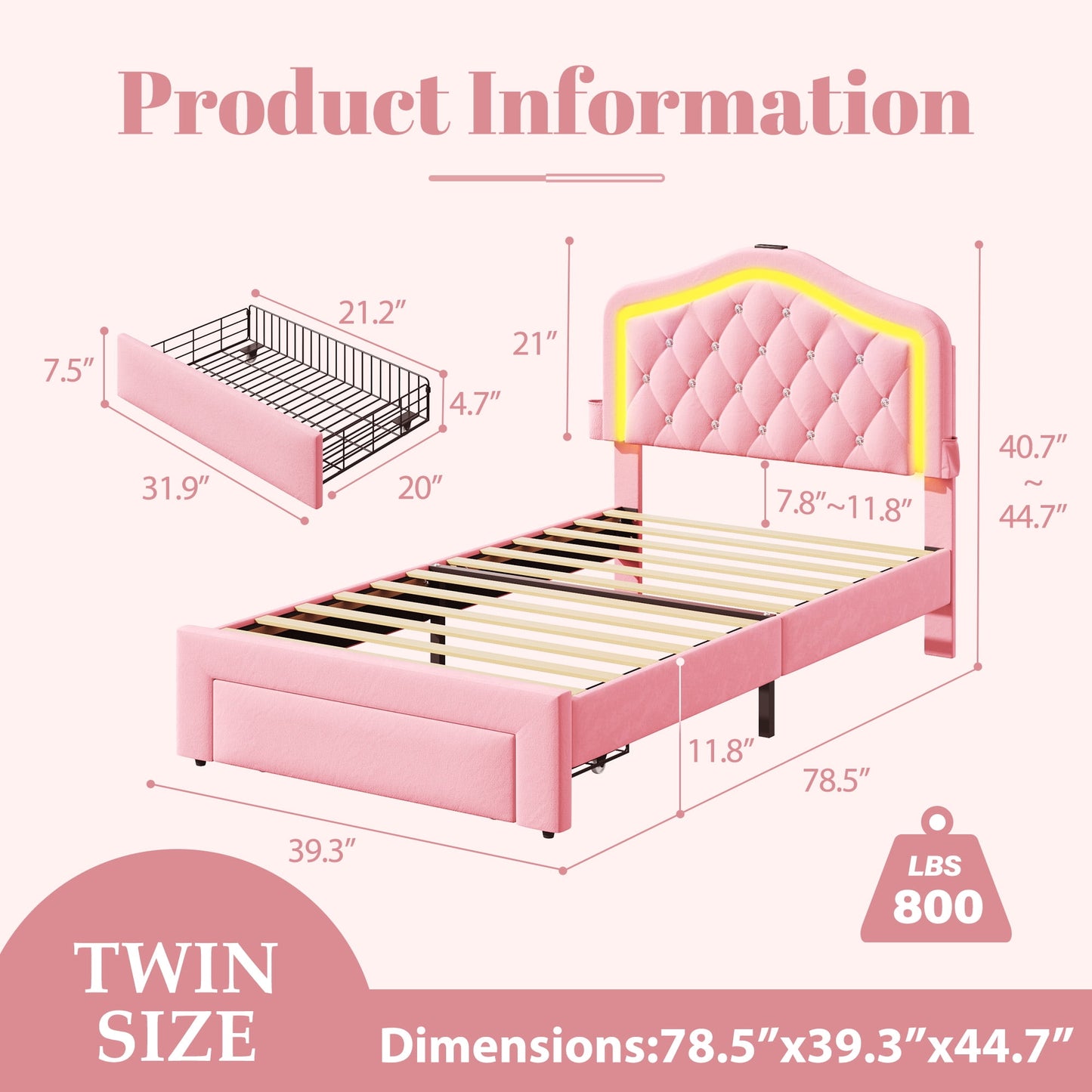 Fluest Tufted Diamond Twin Bed Frame, Pink Upholstered Headboard, USB Port, LED Light & Underbed Storage Drawer