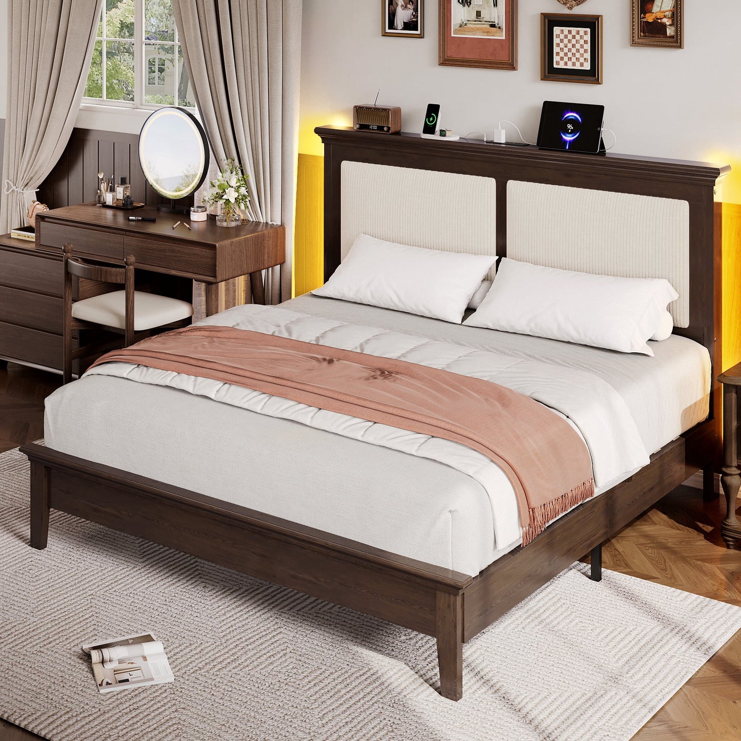Lifezone Queen Solid Wood Platform Bed Frame, White Diamond Tufted Upholstered Headboard with LED Light, Noise-Free, Brown