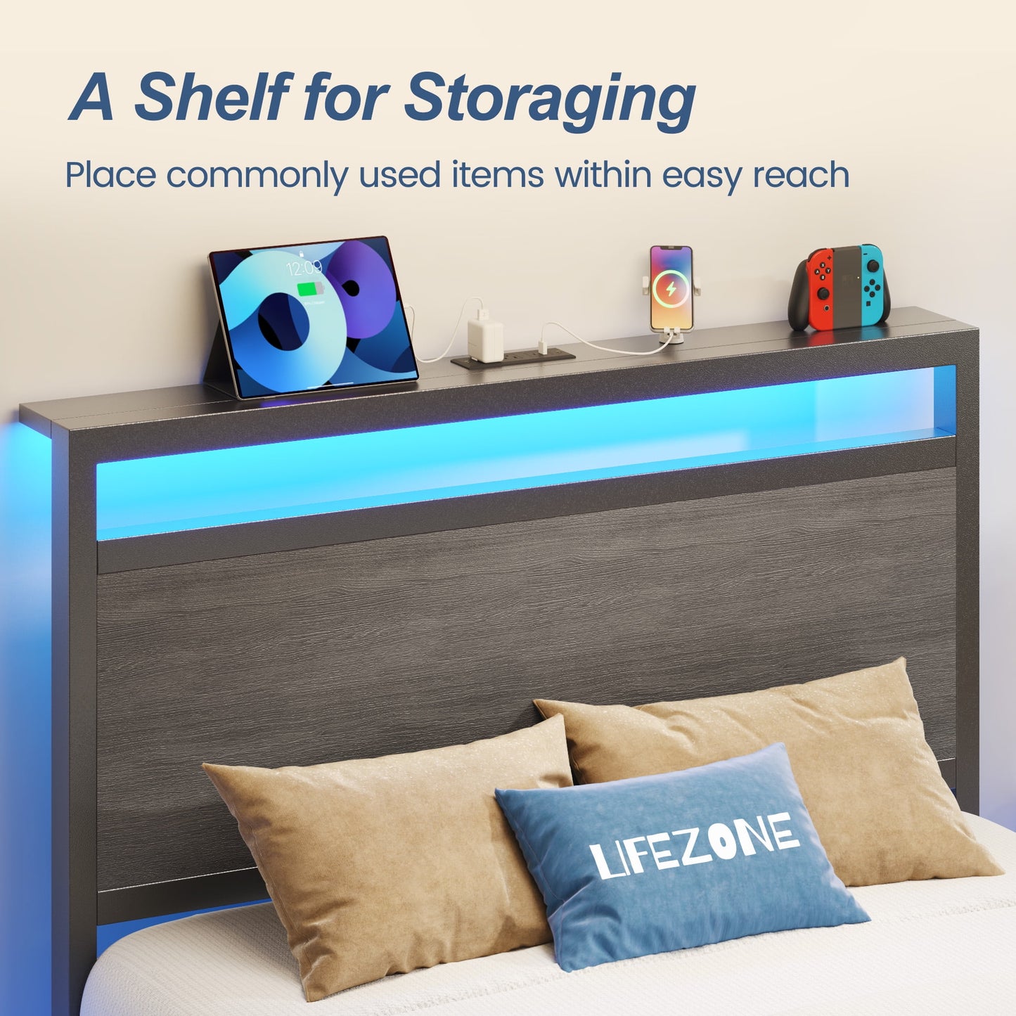 Twin Bed Frame with Headboard & Footboard, Charging Station & LED Light, Under-Bed-Storage, No Box Spring Needed, Noise Free, Easy Assembly, Rustic Gray