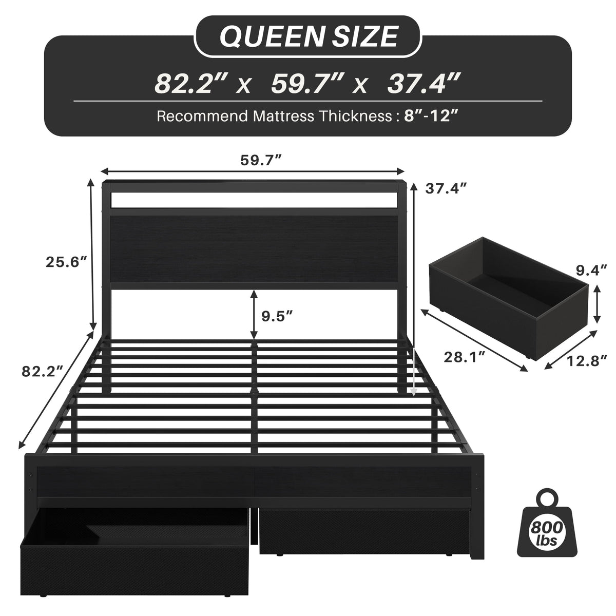 Lifezone Queen Bed Frame with Headboard, Bed Frame with Charging Station & LED Light, 2 Drawers, Storage Shelf, Noise-Free, No Box Spring Needed, Easy Assembly, Classic Black