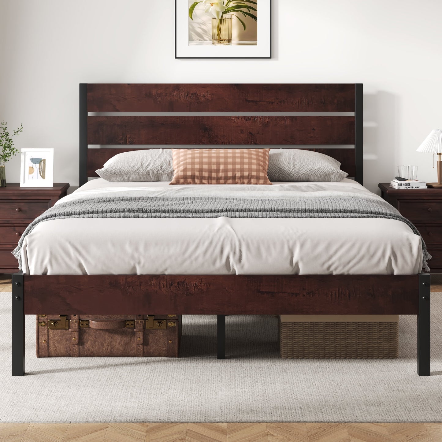 Lifezone Queen Bed Frame with Rustic Vintage Wood Headboard and Footboard,Metal Support, VintageBrown