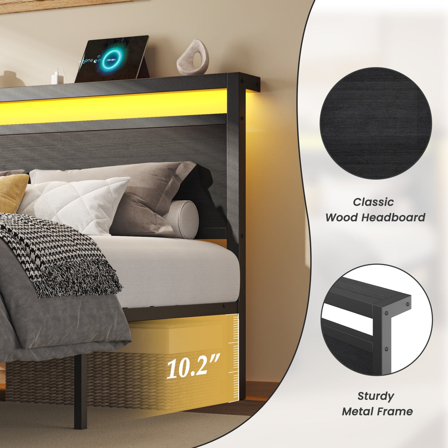 Queen Bed Frame with Headboard & Footboard, Bed Frame with Built-in Charging Station & LED Light, 2 Drawers, Storage Shelf, Noise-Free, No Box Spring Needed, Easy Assembly, Classic Black