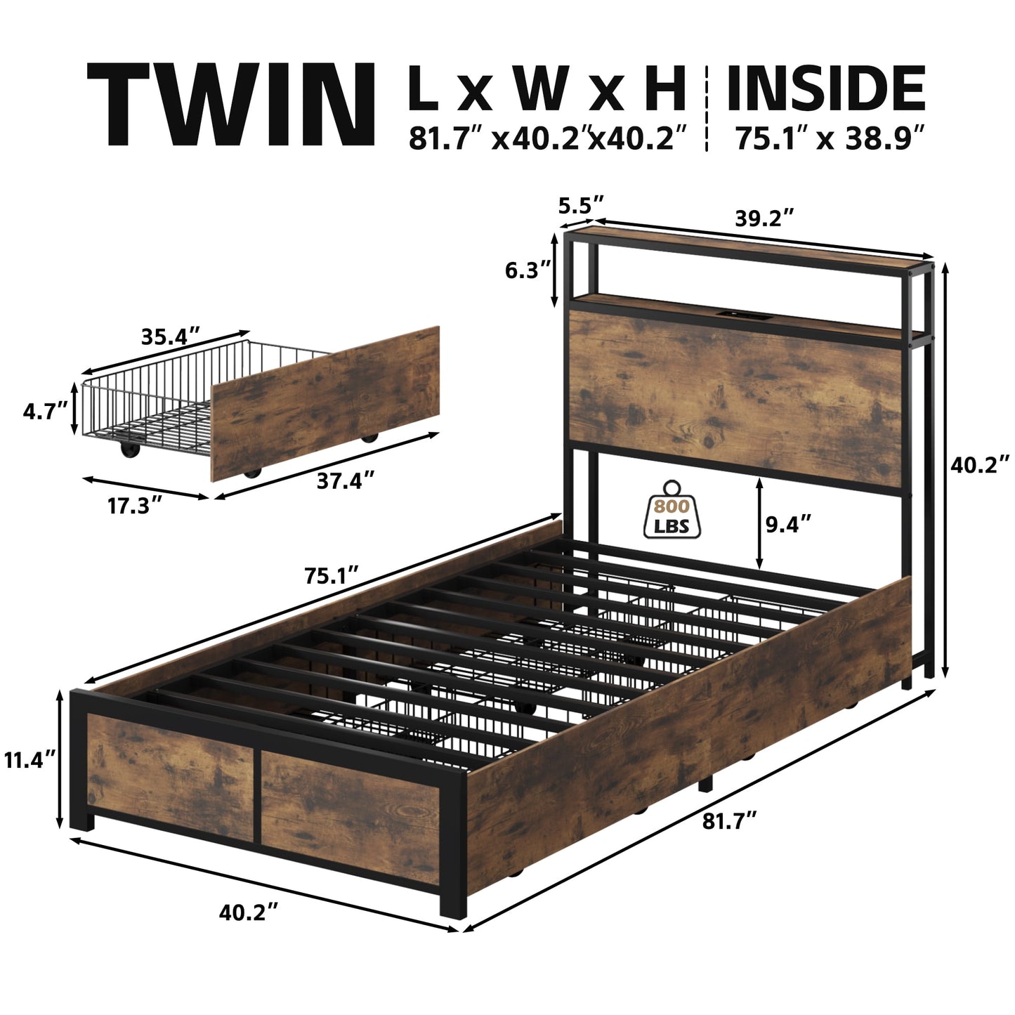 Lifezone Twin Size Bed Frame with 2-Tier Bookcase Headboard Platform Bed with Charging Station & LED, 4 Storage Drawers, Metal Support, No Box Spring Needed, Noise Free, Brown