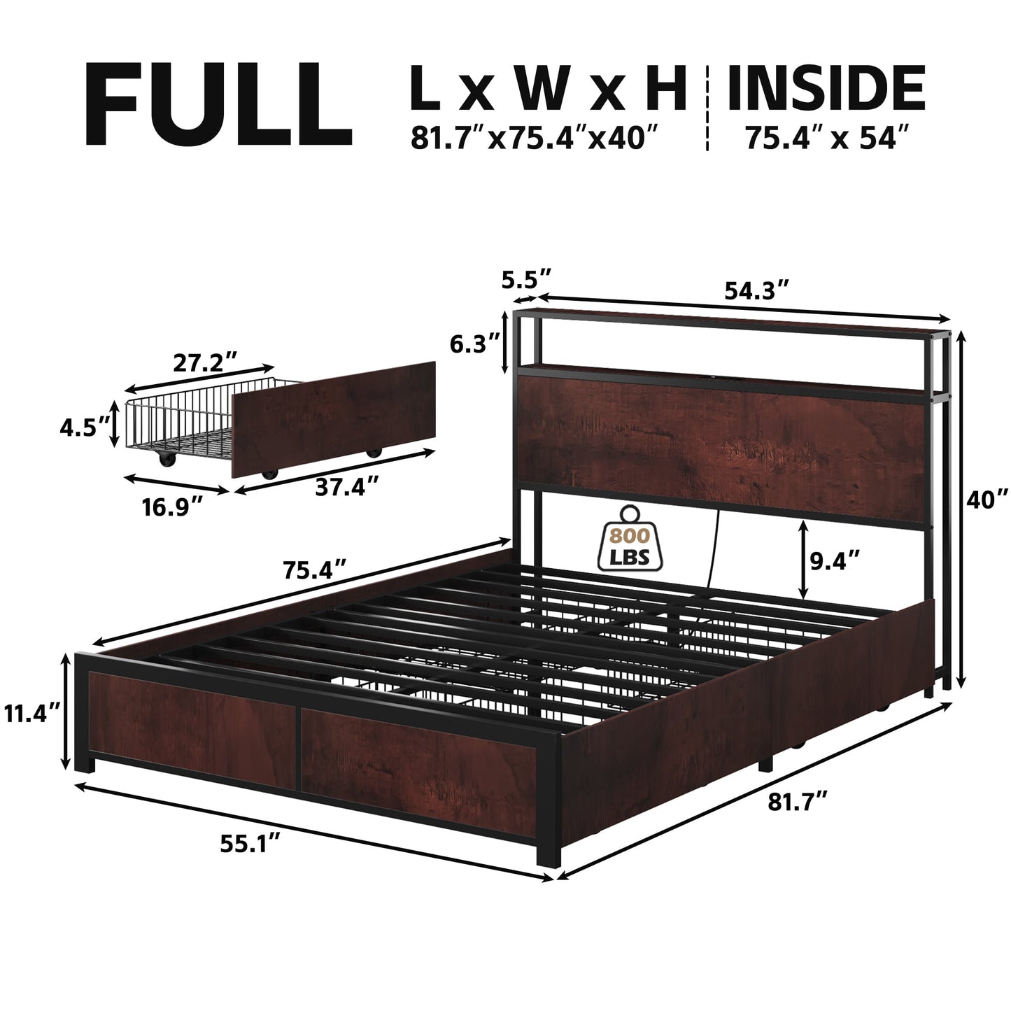 Lifezone Full Size Bed Frame with 2-Tier Bookcase Headboard Platform Bed with Charging Station & LED, 4 Storage Drawers, Metal Support, No Box Spring Needed, Noise Free, Brown