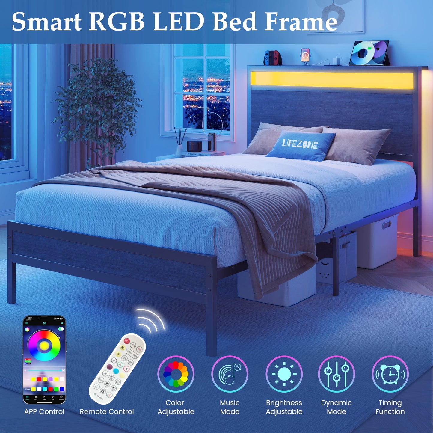Twin Bed Frame with Headboard & Footboard, Charging Station & LED Light, Under-Bed-Storage, No Box Spring Needed, Noise Free, Easy Assembly, Rustic Gray