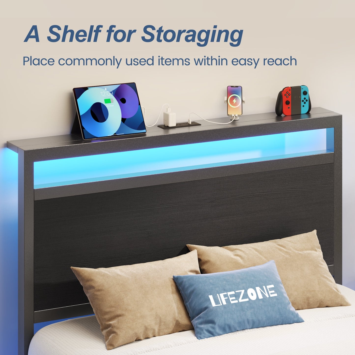 Twin Bed Frame with Headboard & Footboard, Charging Station & LED Light, Under-Bed-Storage, No Box Spring Needed, Noise Free, Easy Assembly, Black