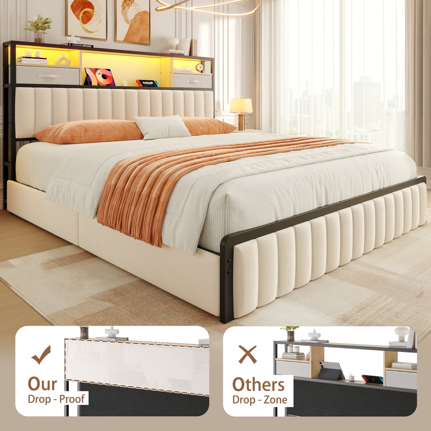 Queen Bed Frame with Storage, Upholstered Platform Bed with Headboard and 4 Drawers, LED Lights and Charging Station, Noise Free, No Box Spring Needed, Easy Assembly, Metal Support, Beige