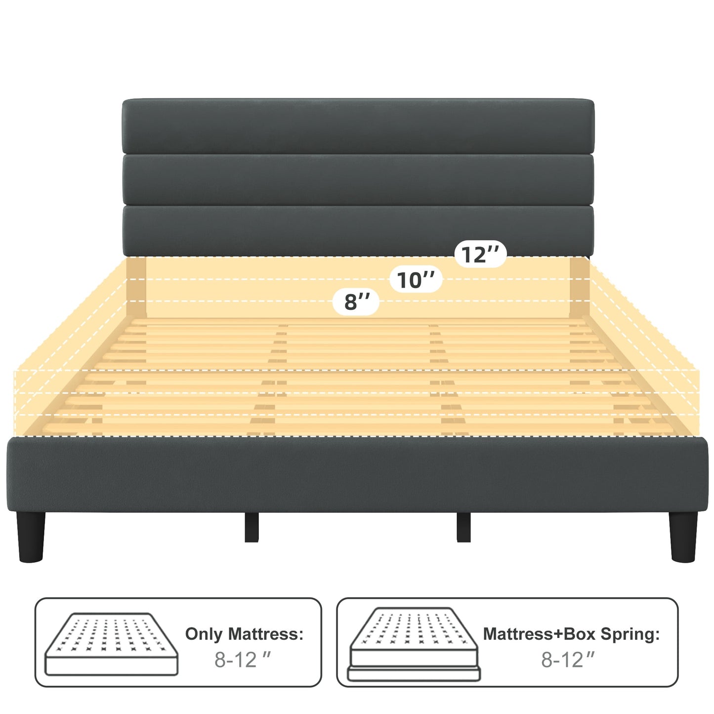 Lifezone King Bed Frame with Velvet Upholstered Headboard, Metal Support and No Box Spring