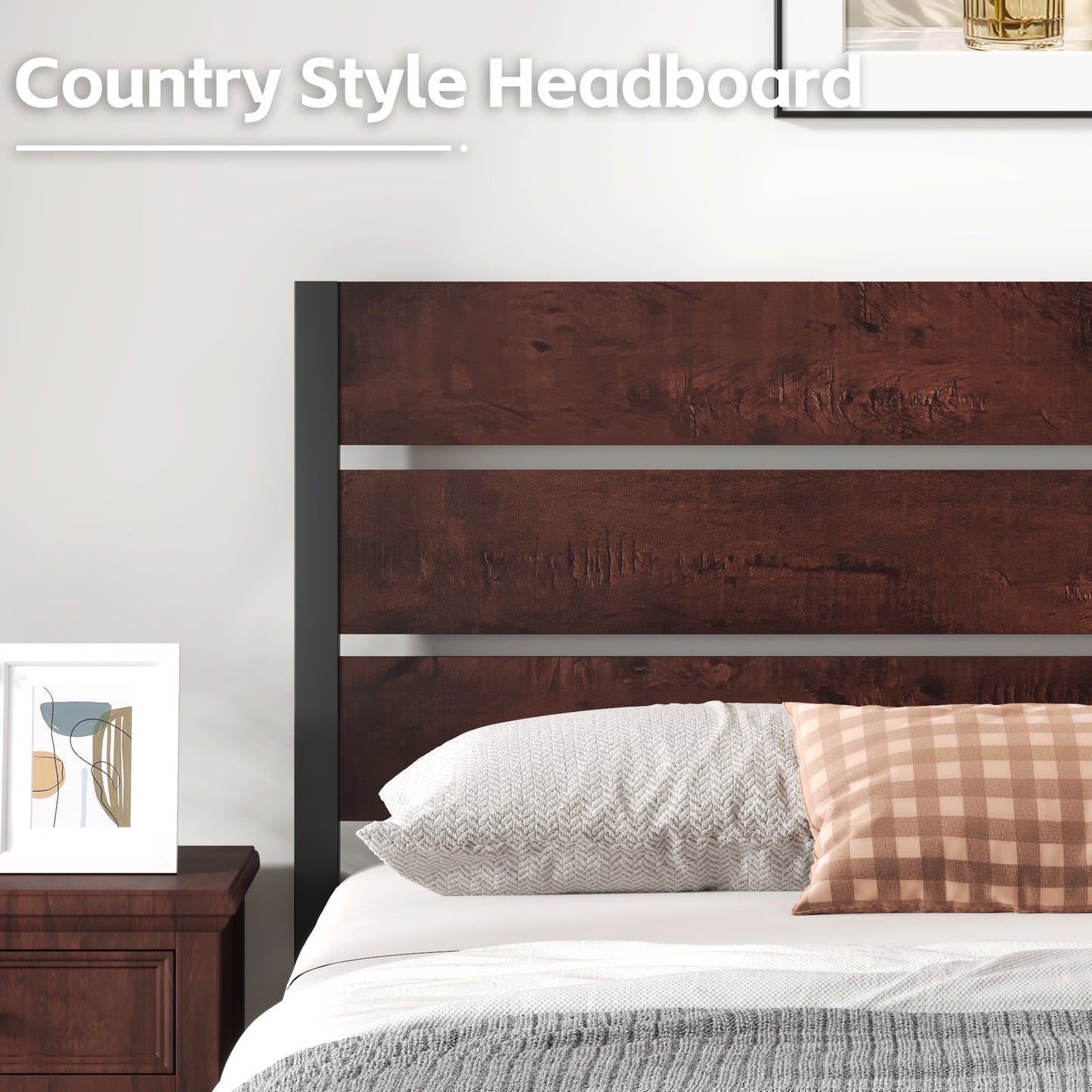Lifezone Full Bed Frame with Rustic Vintage Wood Headboard and Footboard,Metal Support,Vintage Brown