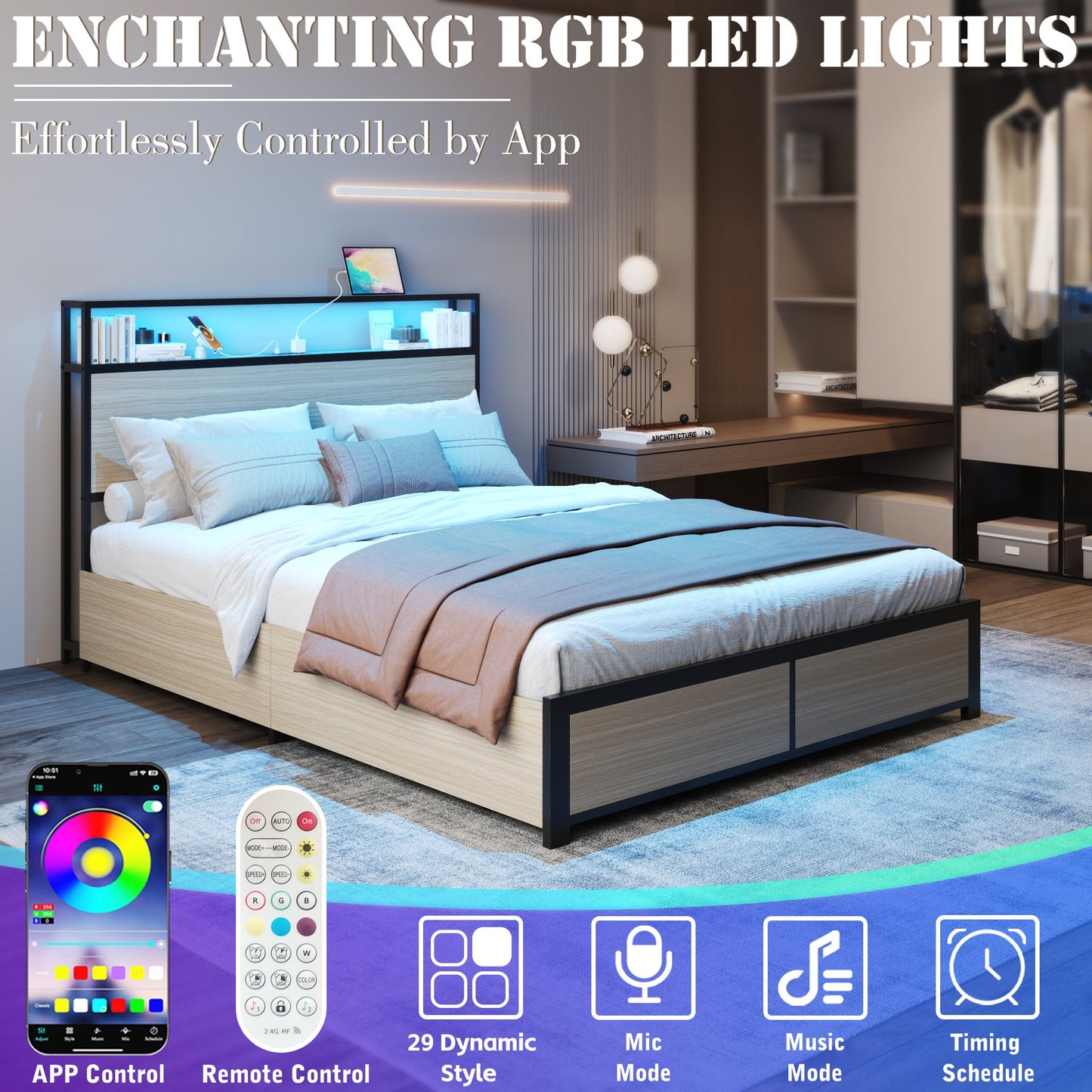 LIFEZONE Adult Rustic Lodge Metal MDF Bookcase Bed with Charging Station and LED, Beige