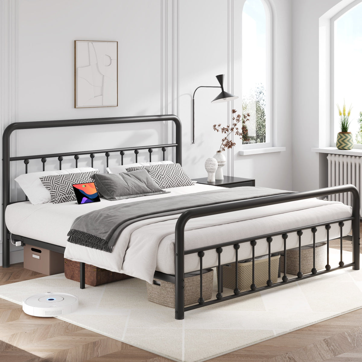 King Metal Platform Bed Frame, Classic Modern with Charging Station and LED Lights, No Box Spring Needed, Black