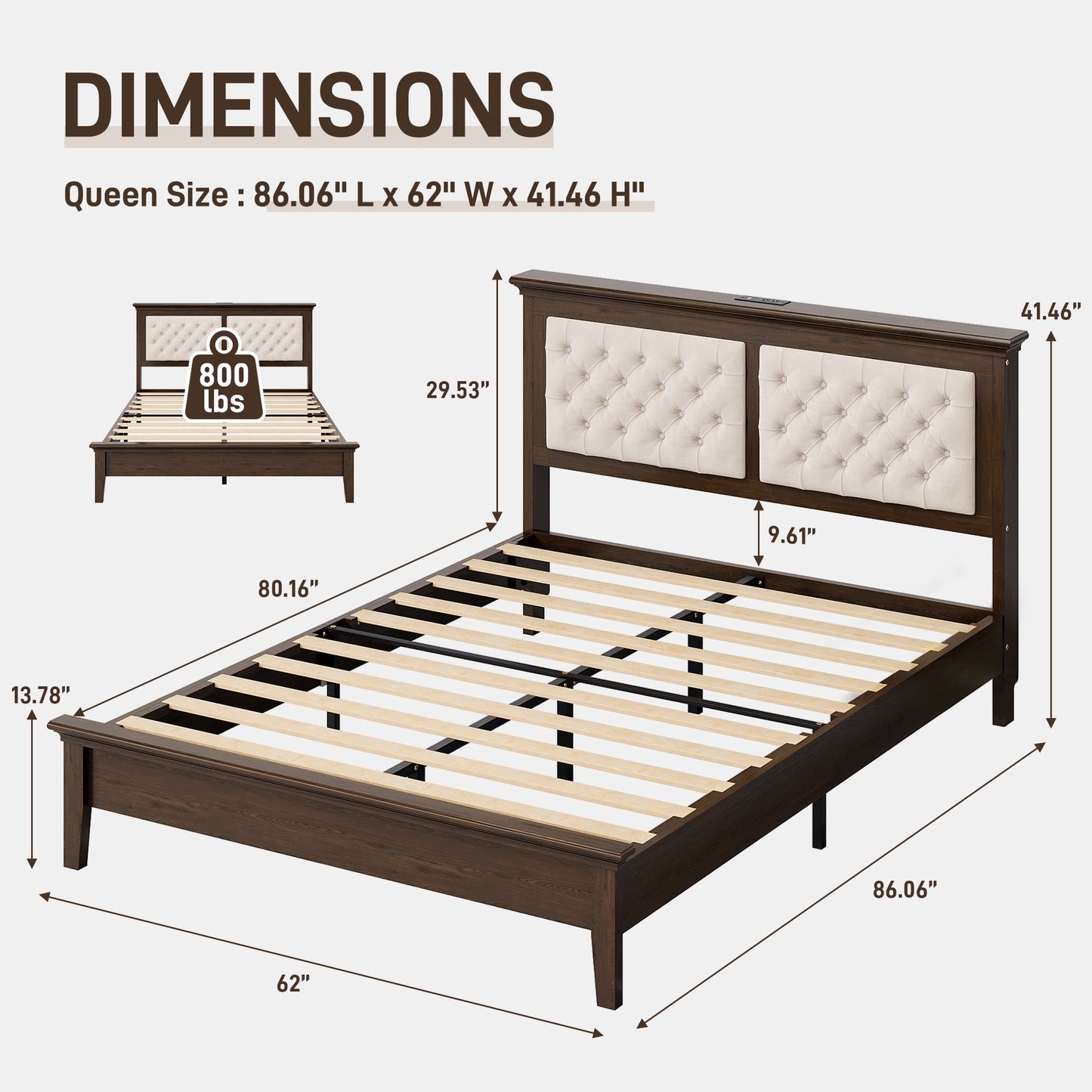 Lifezone Queen Solid Wood Platform Bed Frame, Tufted Headboard & Footboard with Charging Station, Noise-Free Walnut Brown Finish