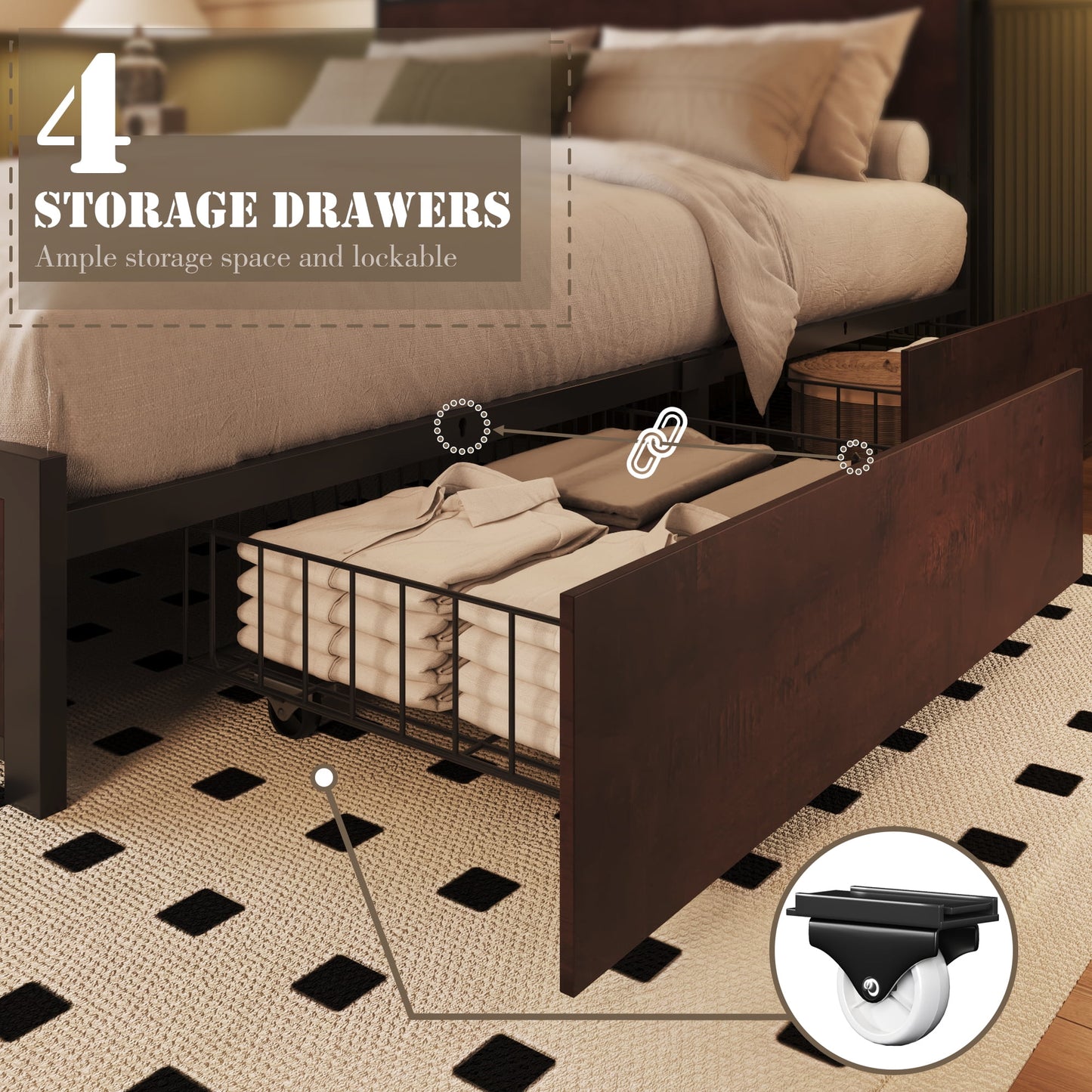 Lifezone Full Size Bed Frame with 2-Tier Bookcase Headboard Platform Bed with Charging Station & LED, 4 Storage Drawers, Metal Support, No Box Spring Needed, Noise Free, Brown