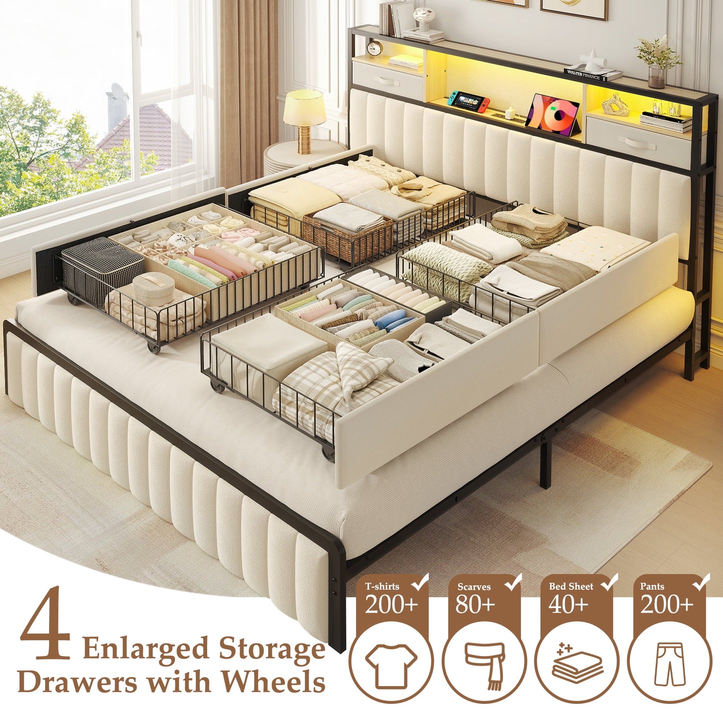 Queen Bed Frame with Storage, Upholstered Platform Bed with Headboard and 4 Drawers, LED Lights and Charging Station, Noise Free, No Box Spring Needed, Easy Assembly, Metal Support, Beige