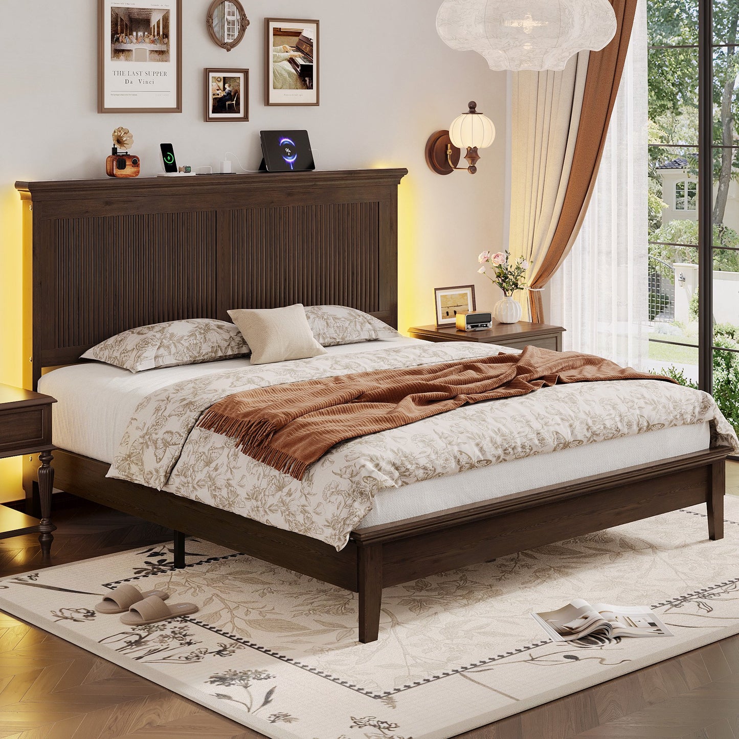 Lifezone Solid Wood Queen Platform Bed, Tall Headboard with Built-in RGB LED and Charging Station, Wood Slat Support, Noise-Free Walnut Finish