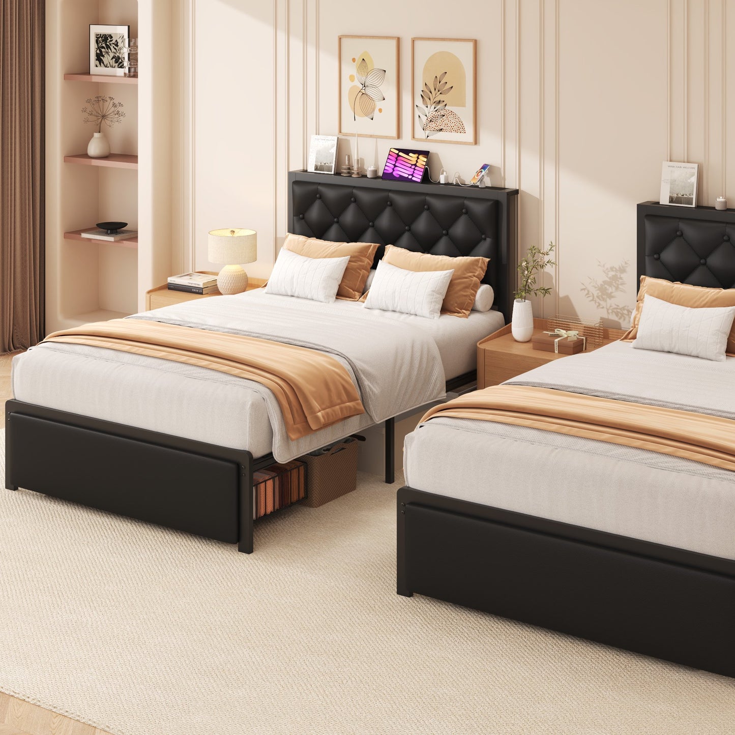 Lifezone Twin Bed Frame with Upholstered Headboard, USB Port, Large Storage Drawer, No Box Spring Needed, Easy Assembly, Black
