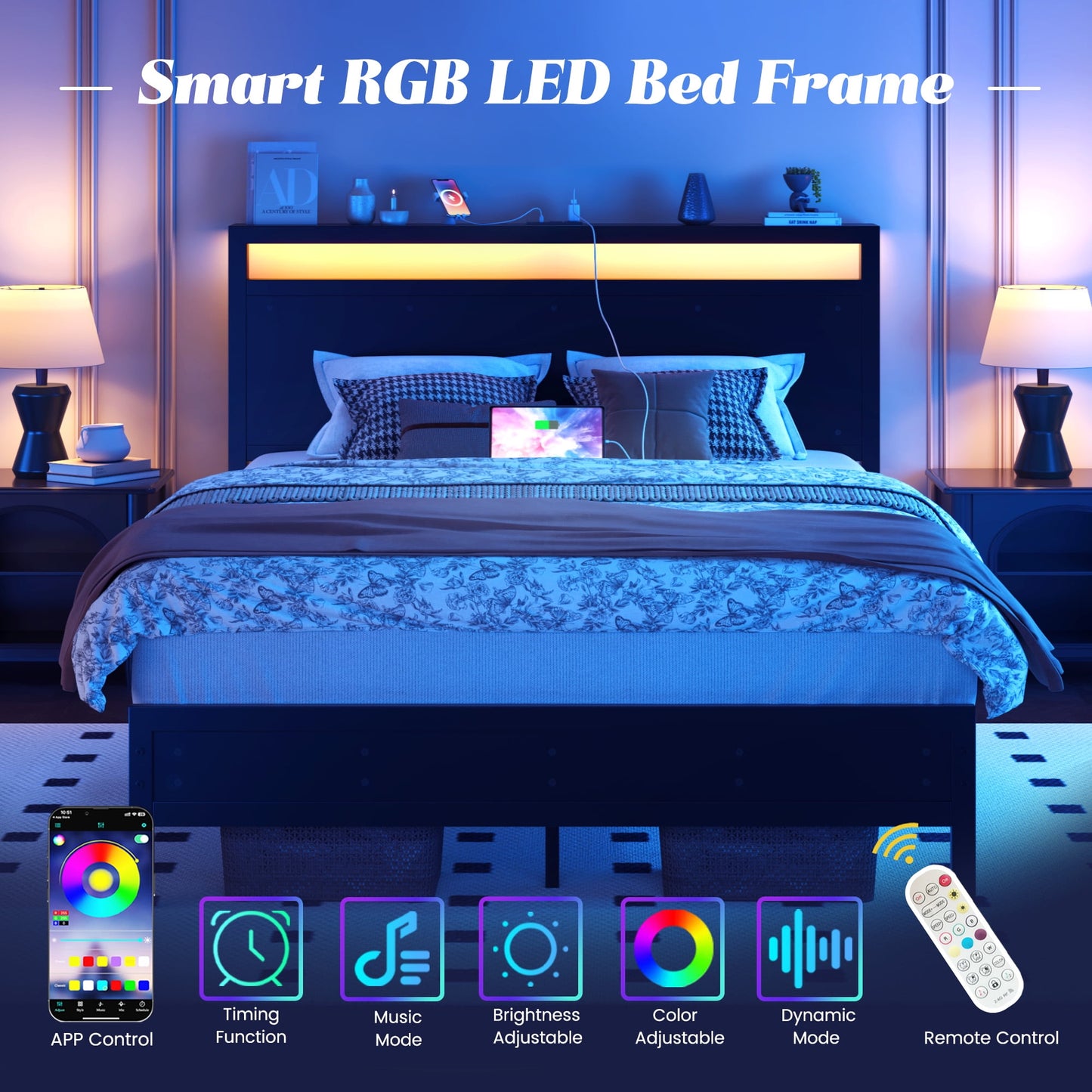Full Bed Frame with Storage Headboard & Storage Drawer, Charging Station & LED Light, No Box Spring Needed, Noise Free, Easy Assembly, Classic Black