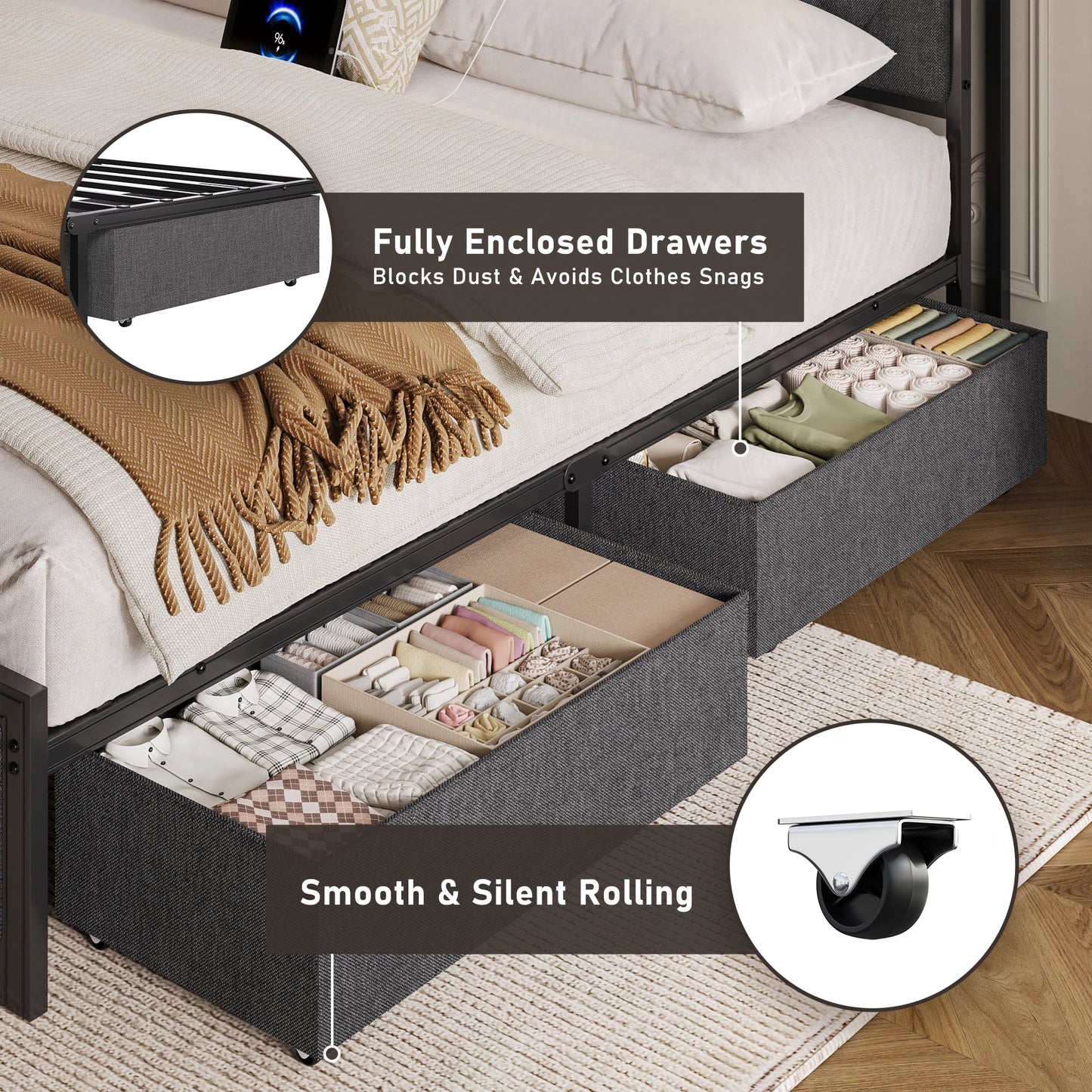 Lifezone Queen Bed Frame with Headboard, Platform Bed Frame with 4 Storage Drawers, Charging Station & LED, Metal Support, No Box Spring Needed, Noise Free, Gray