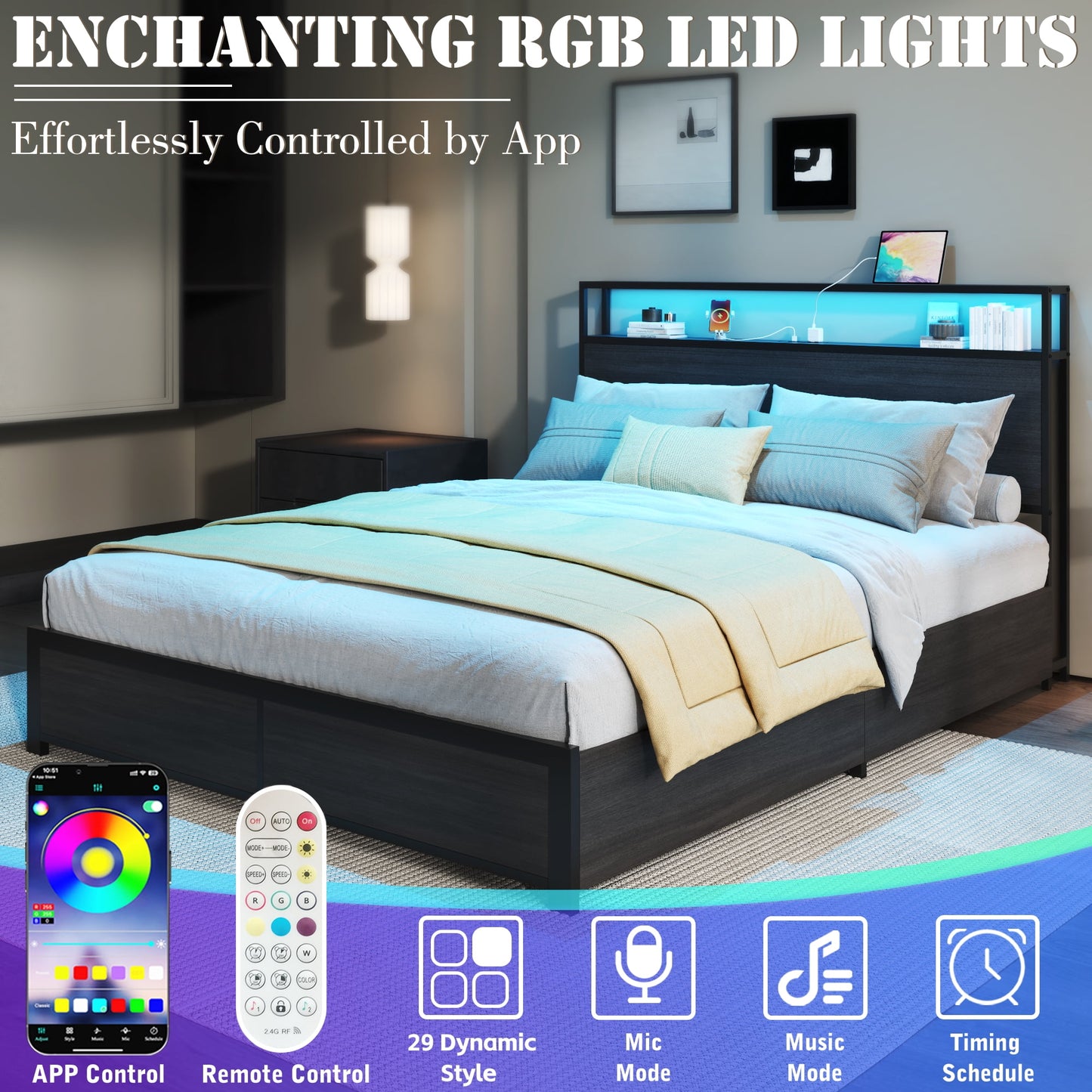 Lifezone Queen Size Bed Frame with 2-Tier Bookcase Headboard Platform Bed with Charging Station & LED, 4 Storage Drawers, Metal Support, No Box Spring Needed, Noise Free, Grey