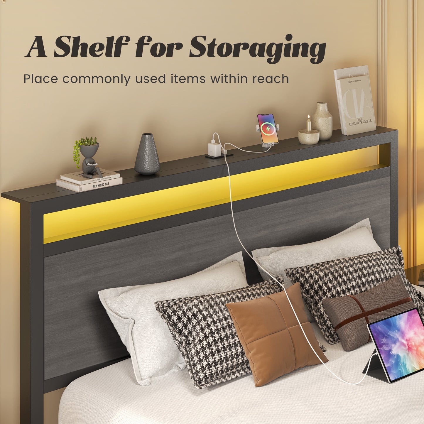 Queen Bed Frame with Headboard & Footboard, Bed Frame with Built-in Charging Station & LED Light, Storage Shelf, Noise-Free, No Box Spring Needed, Easy Assembly, Rustic Grey