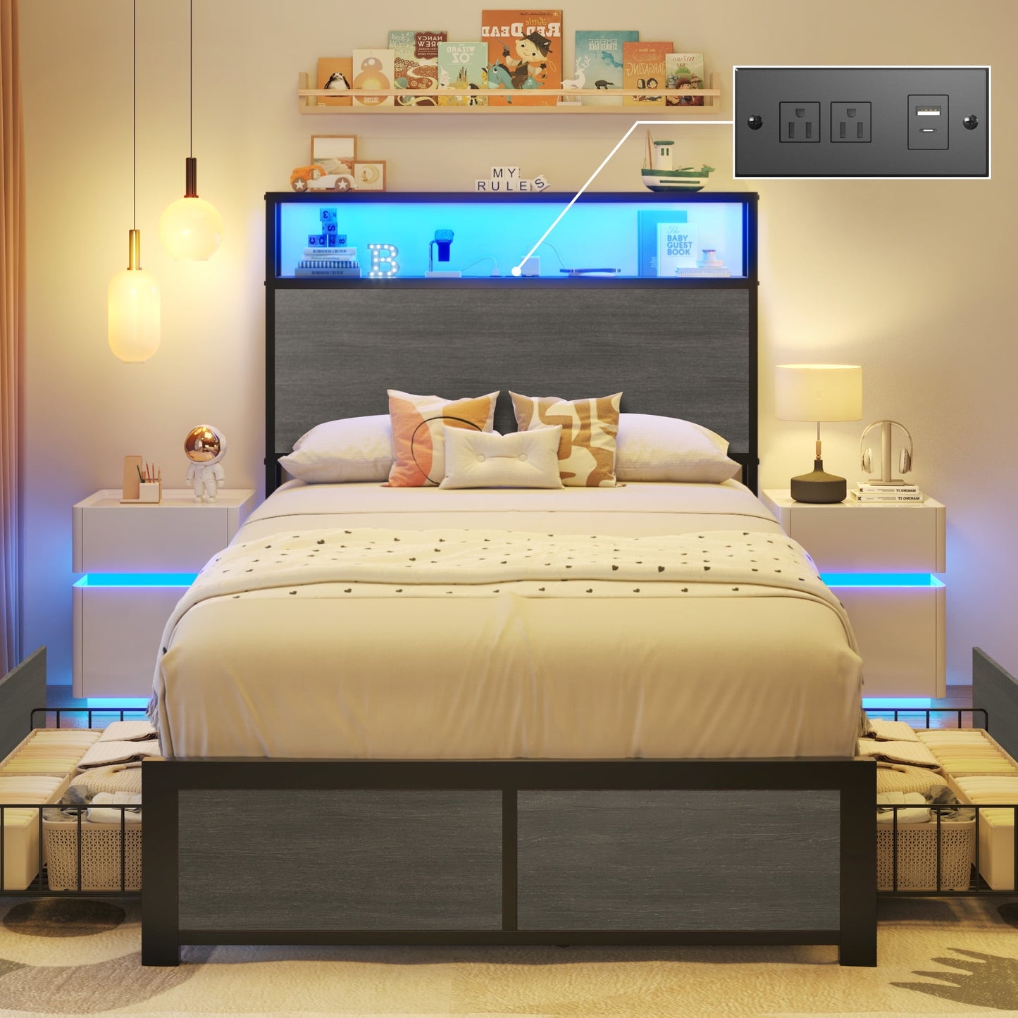 Lifezone Twin Bed Frame with Two-Tier Storage Headboard, USB Port and LED Light, Four Storage Drawers, Grey