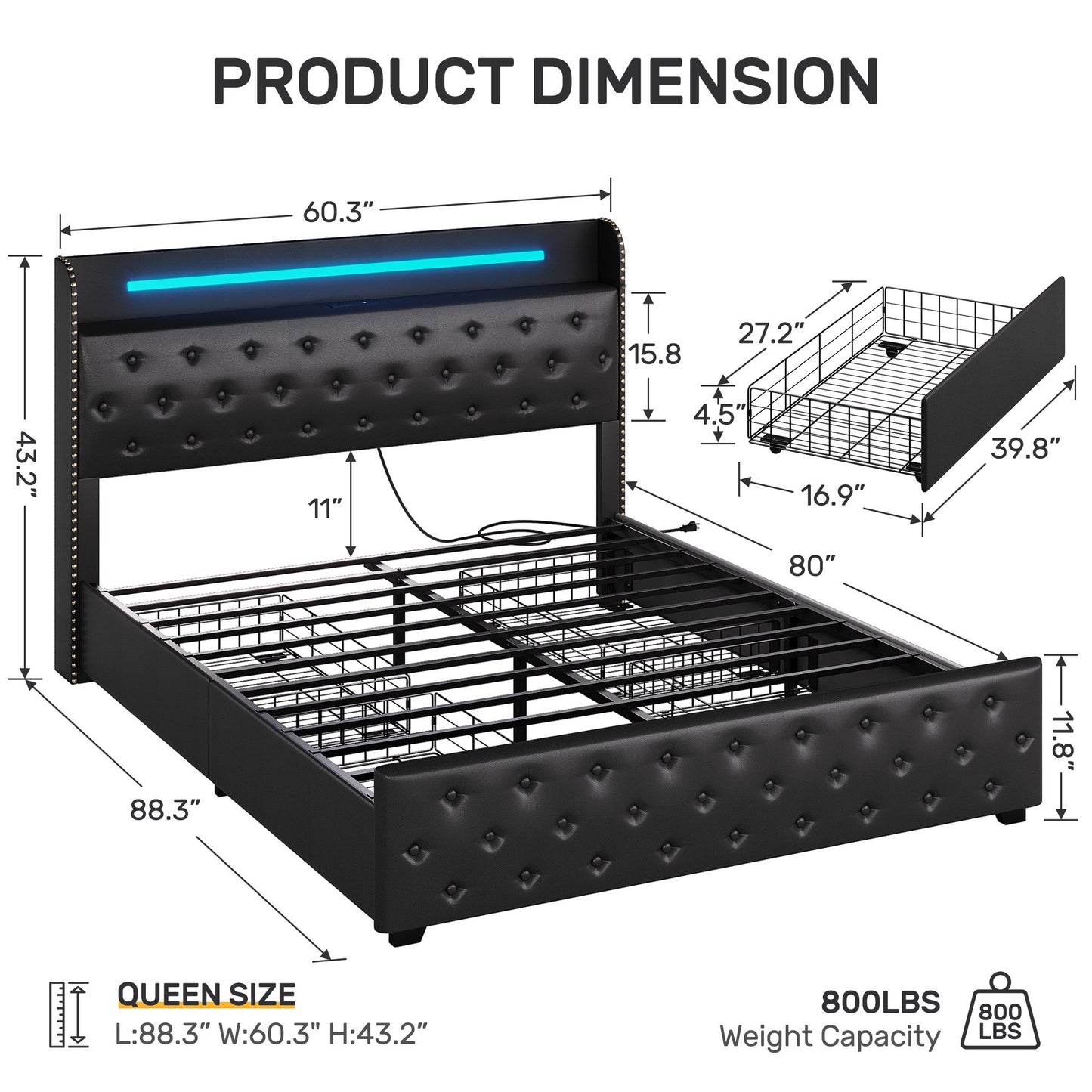 Lifezone Queen Size Upholstered Platform Bed Frame, Faux Leather Windback Headboard with Storage, 4 Drawers, LED Lights & Charging Station, Metal Slat Support, No Box Spring Required, Black