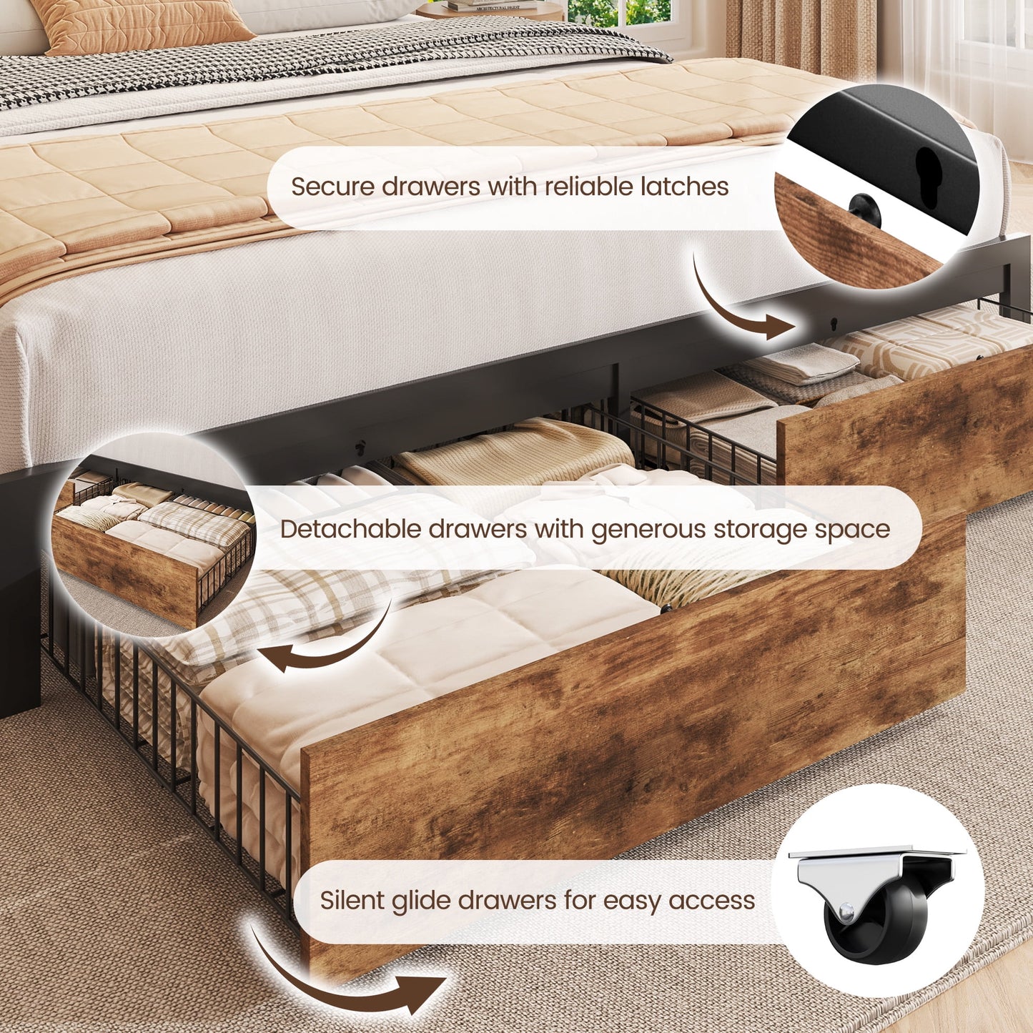 Lifezone Full Bed Frame with Headboard and Storage,2-Tier Storage Headboard & Foot-Board Drawers, Rustic Brown