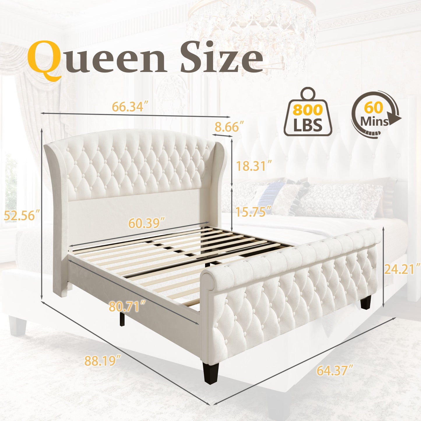 Lifezone Queen Bed Frame with Scroll Wingback Headboard, 52.5" Tall Velvet Upholstered Sleigh Bed Frame, Easily Assemble No Box Spring Needed, White