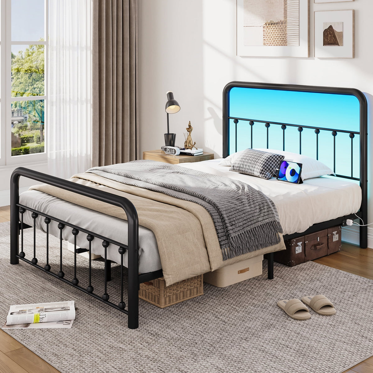 Lifezone Full Bed Frame, Classic Metal Platform Bed Frame, with Charging Station and LED, No Need for Springs, Black