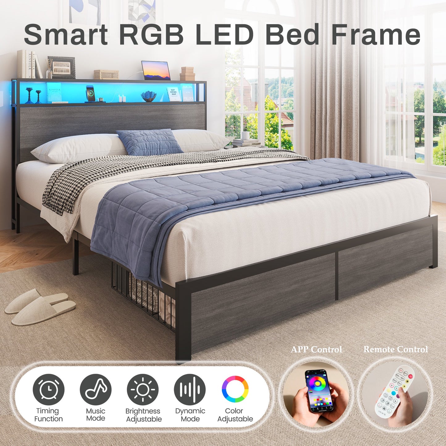 Lifezone Full Size Bed Frame with Storage Headboard & Footboard Drawers, Rustic Grey