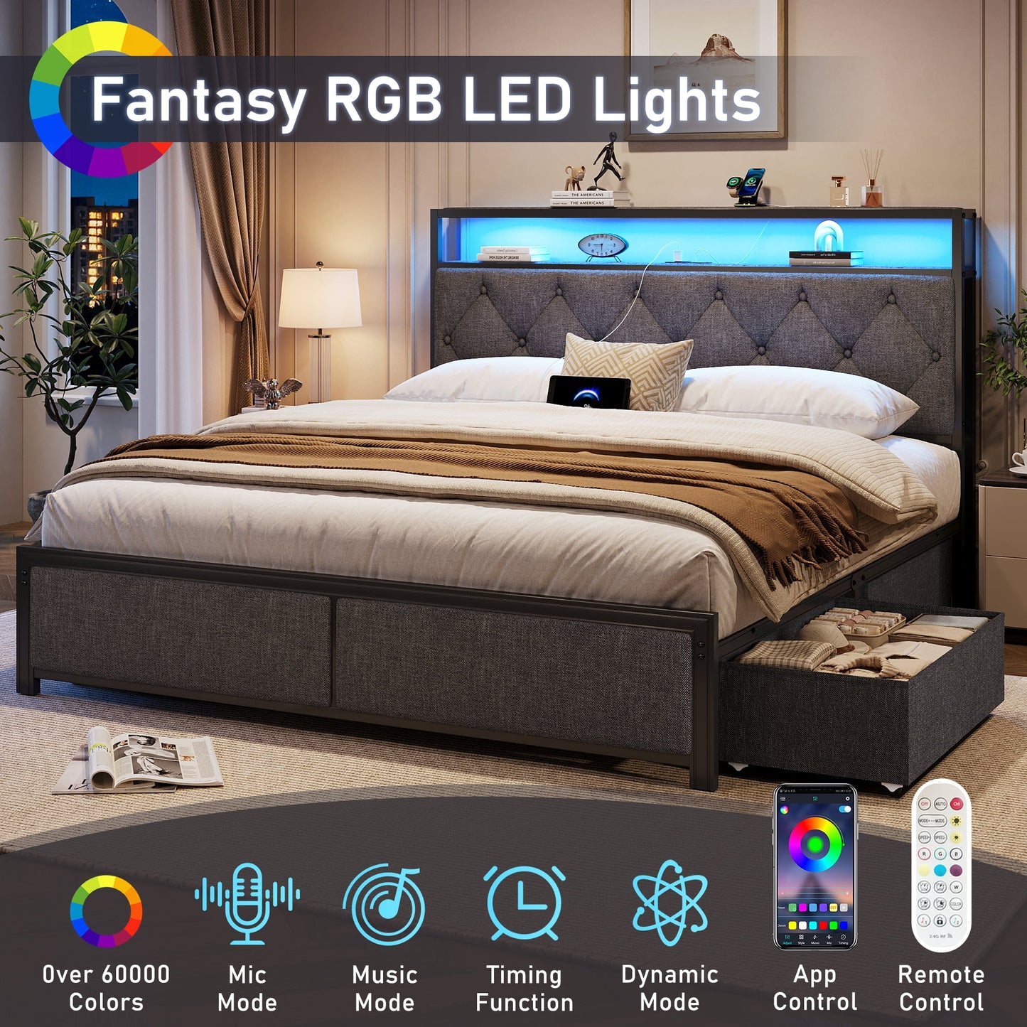 Lifezone Queen Bed Frame with Headboard, Platform Bed Frame with 4 Storage Drawers, Charging Station & LED, Metal Support, No Box Spring Needed, Noise Free, Gray