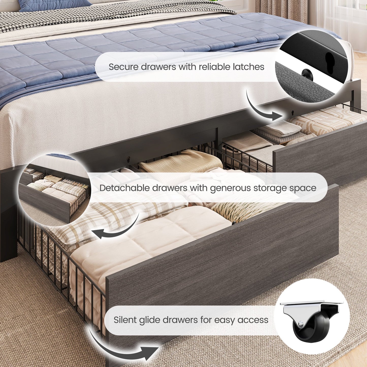 Lifezone Full Size Bed Frame with Storage Headboard & Footboard Drawers, Rustic Grey