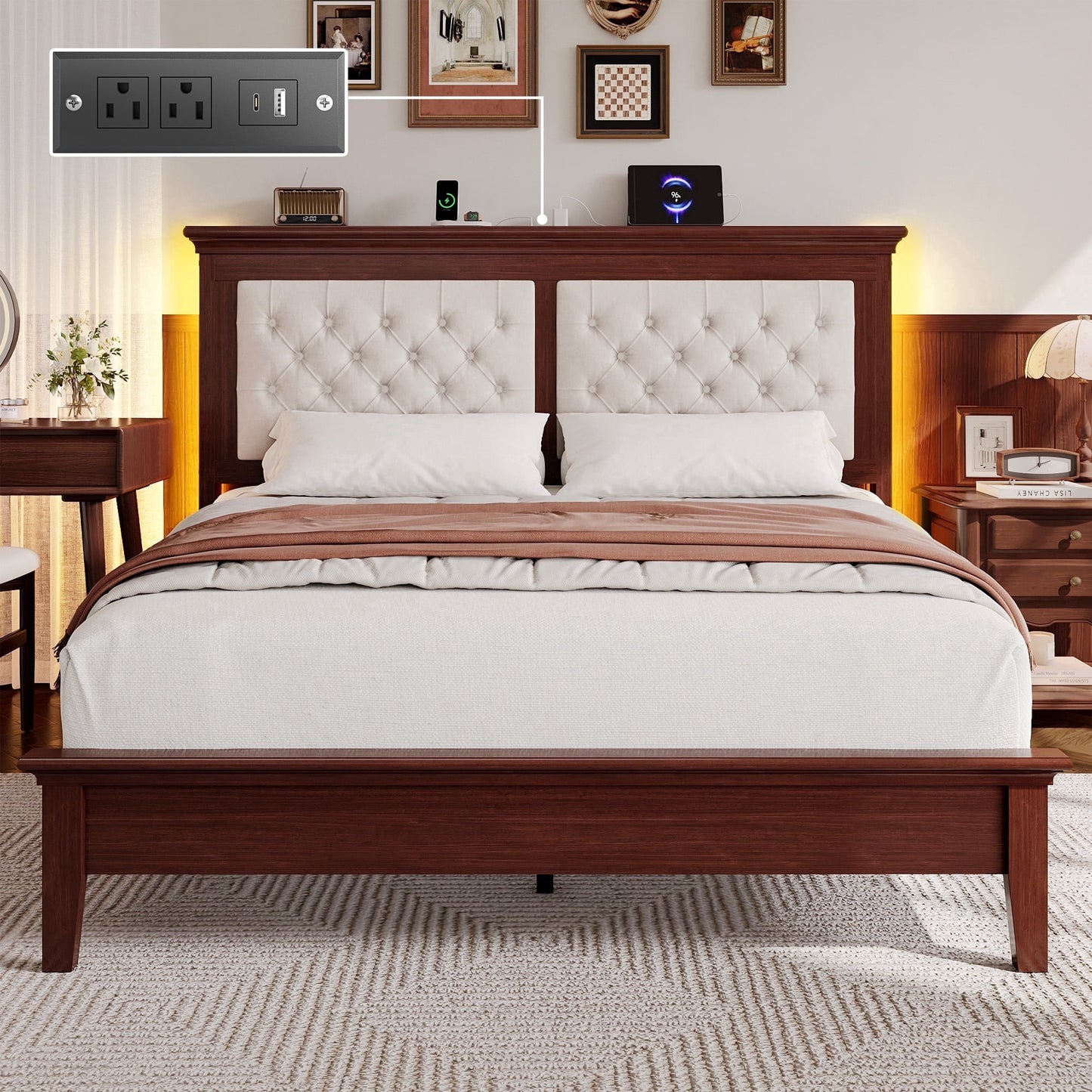 Lifezone Queen Solid Wood Platform Bed Frame, Diamond Tufted Upholstered Headboard with LED Lights, Noise-Free, Reddish Brown
