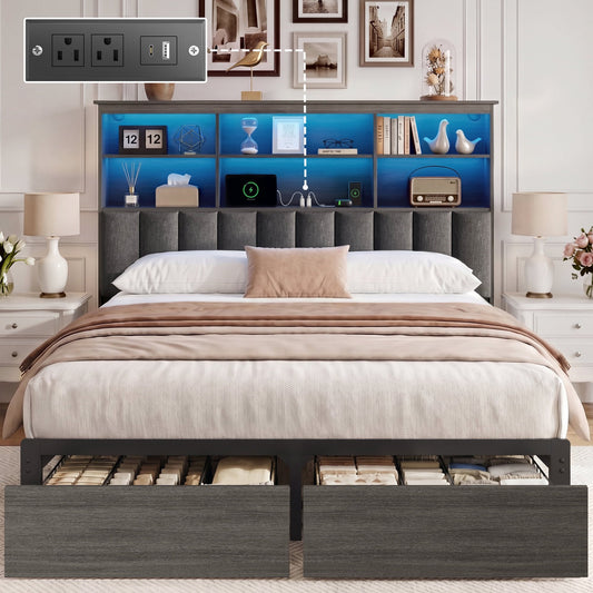 Lifezone Queen Storage Bed Frame with 2 Drawers, Bookcase Headboard & Charging Station, No Box Spring Needed, Gray