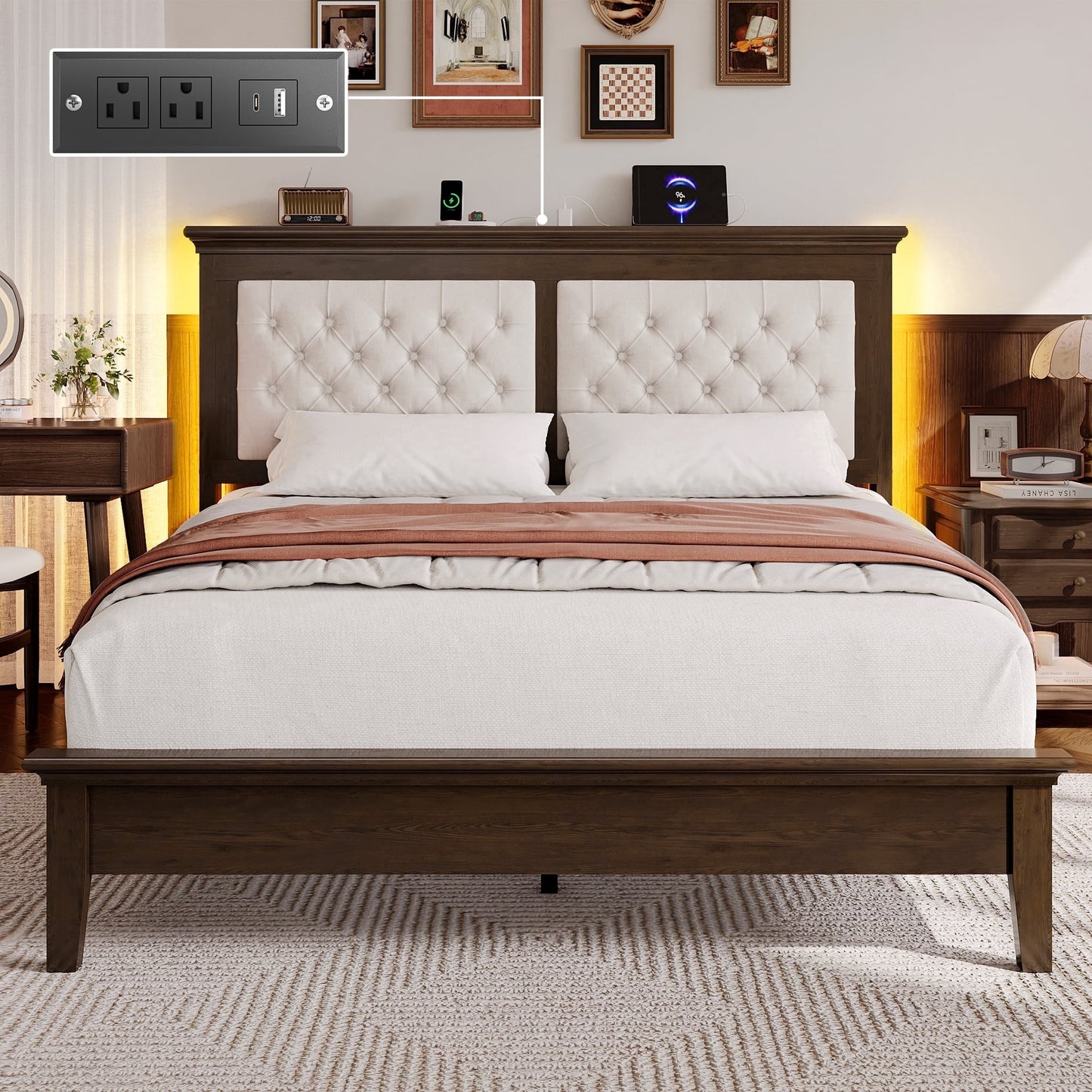 Lifezone Queen Solid Wood Platform Bed Frame, Tufted Headboard & Footboard with Charging Station, Noise-Free Walnut Brown Finish