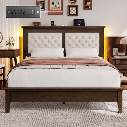 Lifezone Queen Solid Wood Platform Bed Frame, Tufted Headboard & Footboard with Charging Station, Noise-Free Walnut Brown Finish