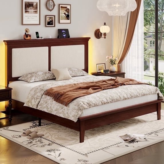 Lifezone Queen Solid Wood Platform Bed Frame, White Vertical Striped Upholstered Headboard with LED Light, Noise-Free, Reddish Brown