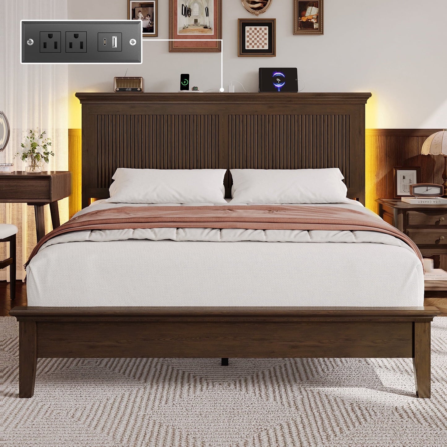 Lifezone Solid Wood Queen Platform Bed, Tall Headboard with Built-in RGB LED and Charging Station, Wood Slat Support, Noise-Free Walnut Finish