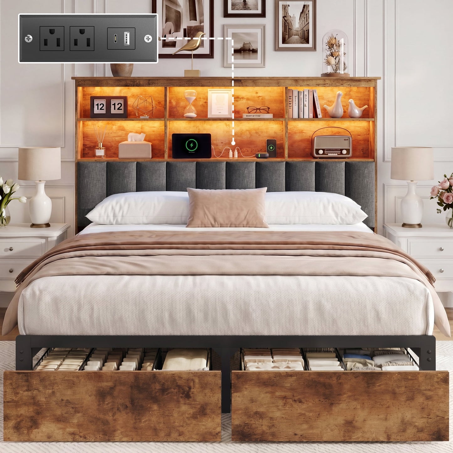 Lifezone Queen Storage Bed Frame with 2 Drawers, Bookcase Headboard & Charging Station, No Box Spring Needed, Rustic Brown
